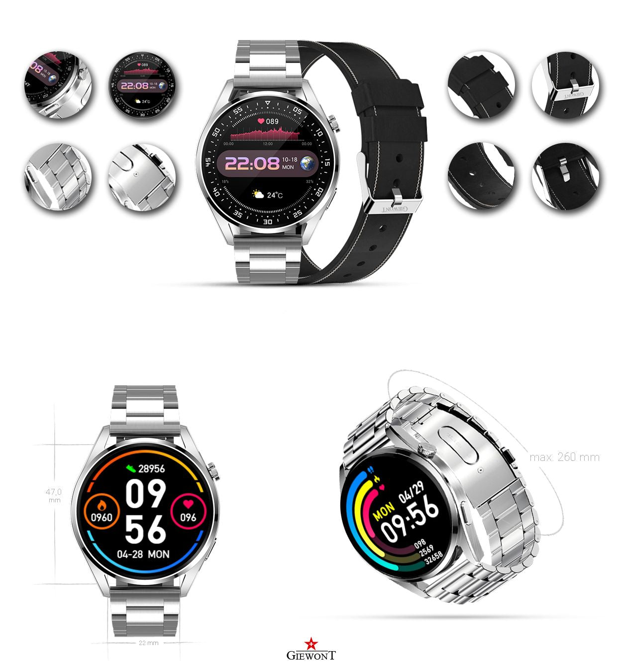 Smartwatch GIEWONT Vertex SmartCall GW450-5 Silver/Carbon Leather