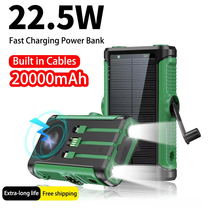 Solarny Powerbank 20000mAh z Korbką i Ładowaniem Bezprzewodowym - Outdoor