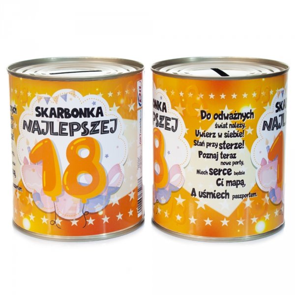 skarbonka metalowa urodzinowa z napisem "Skarbonka Najlepszej 18"